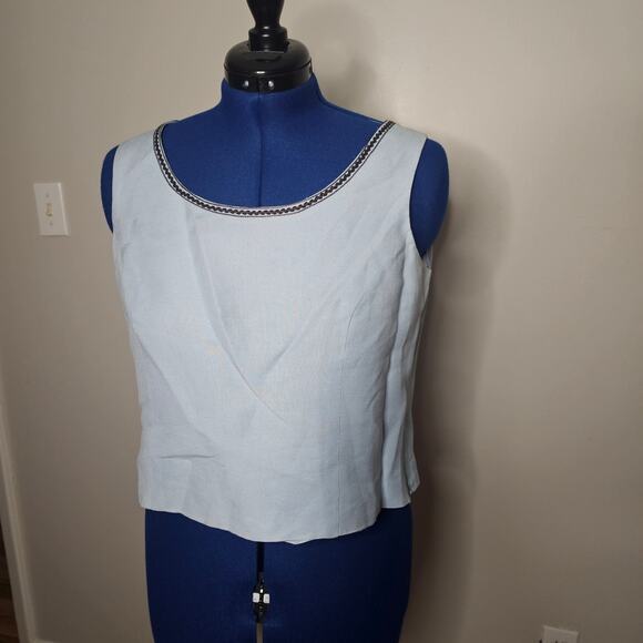 Positive Attitude 2pc Baby Blue Tank Top Linen Jacket Brown Embroi Beaded Flower - Picture 5 of 15